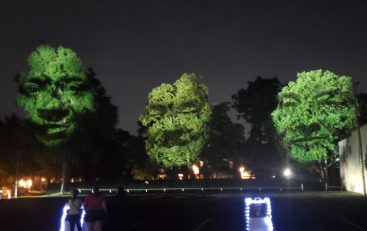 Three faces appear green - their faces are projected onto trees