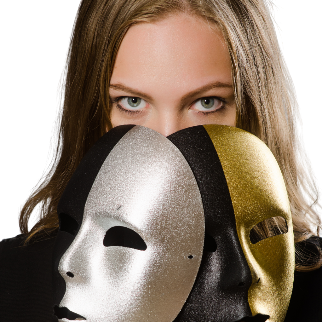 womans eyes peering over two masks