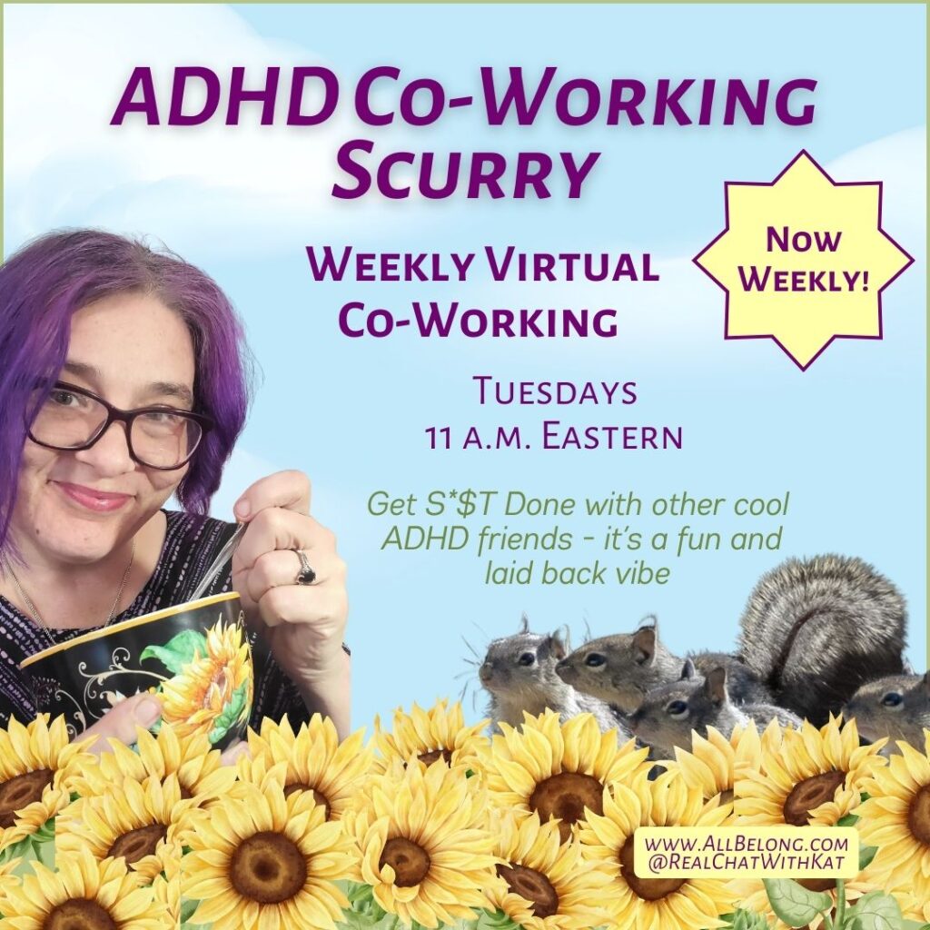 Kat, a woman with purple hair and glasses, eats ice cream as a group of squirrels look on.